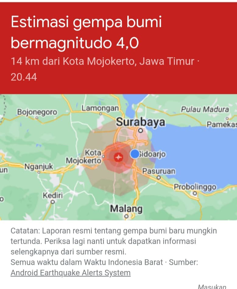 Gempa bumi di Mojokerto terasa hingga Surabaya (istimewa/ surabayakabarmetro.coom)