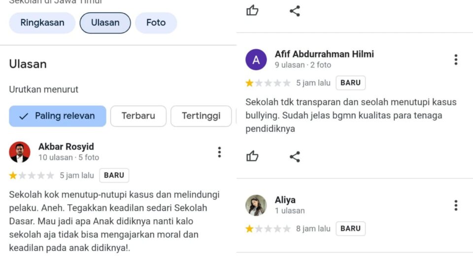 Tangkapan layar soal ulasan netizen terhadap UPT SDN 236 Gresik (istimewa/ surabayakabarmetro.com)