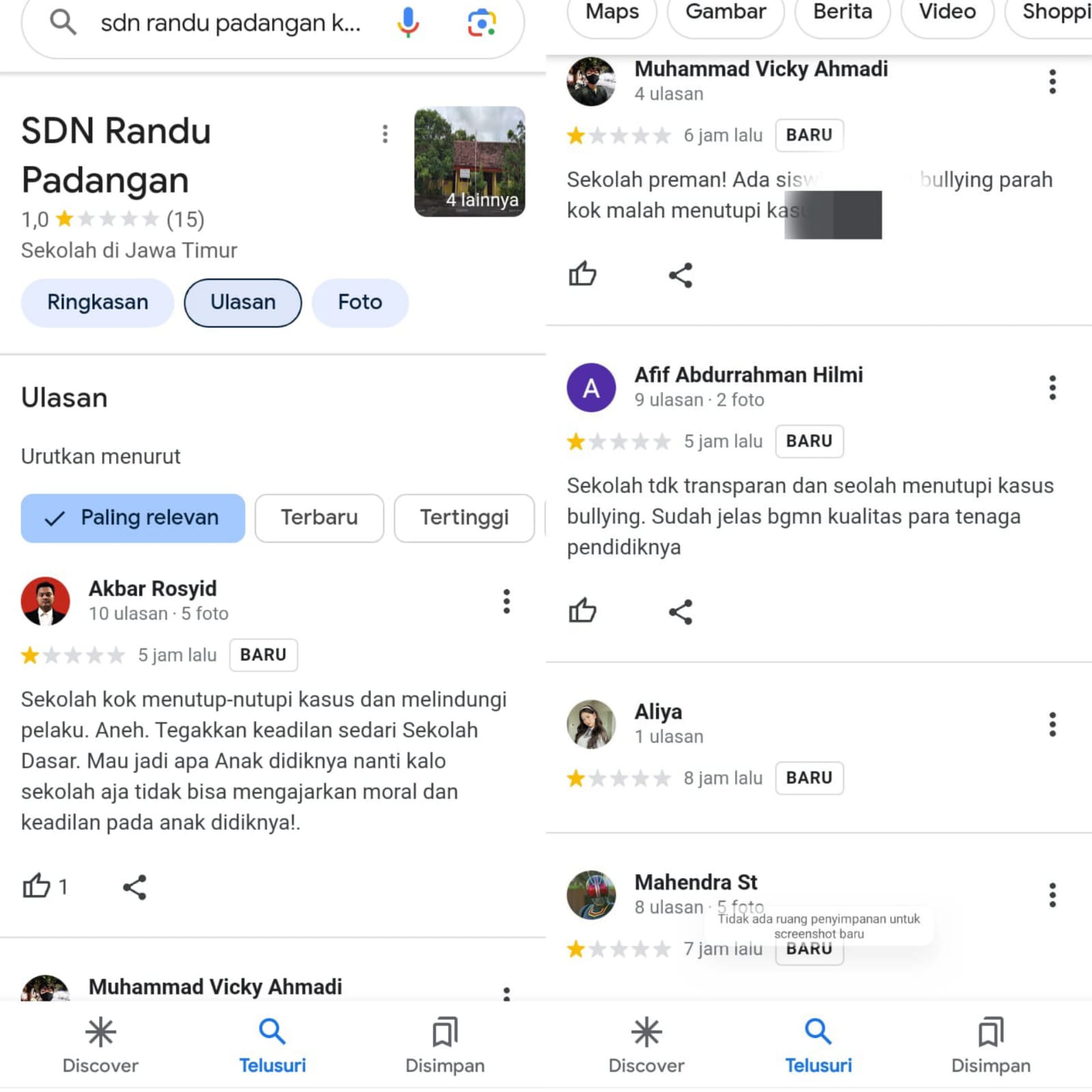 Tangkapan layar soal ulasan netizen terhadap UPT SDN 236 Gresik (istimewa/ surabayakabarmetro.com)