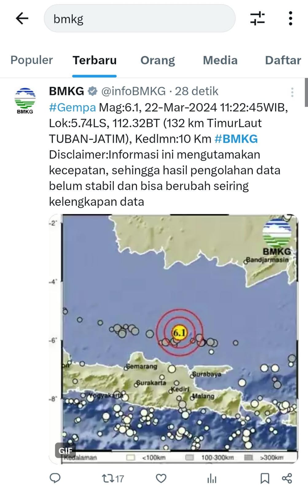 BREAKING NEWS, Gempa 6.0 Magnitudo dari Tuban Terasa hingga Surabaya (istimewa)